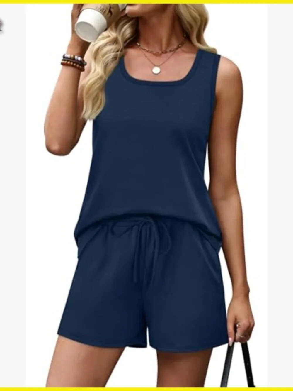 Navy Two Piece Lounge Set Sleeveless Tank Square Neck Pocket Shorts Casual